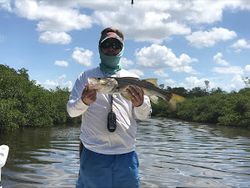 A person fishing in an unknown location
