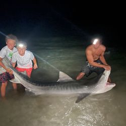 Two people fishing in Destin with a 65-inch catch