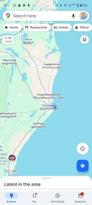 Mobile map application displaying coastal waterways and navigation interface for water sports activities