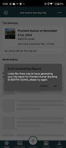 Mobile app screen showing trip summary with error message for generating fishing trip report