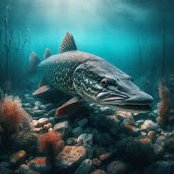 Northern Pike swimming near rocky bottom in clear underwater environment