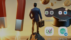 Desktop screen showing various mobile apps with coins floating in background