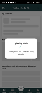 Mobile app interface showing media upload progress for outdoor activity trip documentation