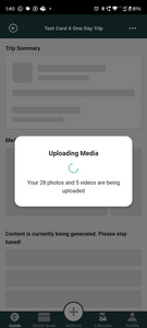 Mobile app screen showing media upload progress for outdoor activity trip documentation