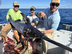 "Reeling in the big catch: A successful day of offshore fishing on the open sea."