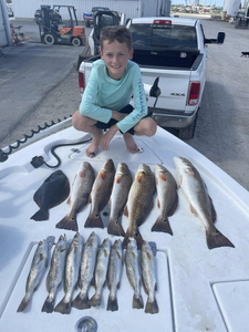 A group of 15 redfish, spotted weakfish, and other fish caught during a fishing trip in LA