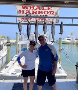 Six fish hanging from marina dock display at Whale Harbor in Islamorada FL including King Mackerel and Skipjack Tuna