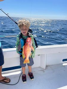 Angler standing in the Gulf Shores, holding a 14-inch fish