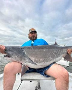A single fisherman standing in Wagoner, holding a 41-inch fish