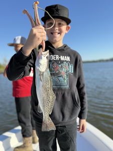 Nice speckled trout on deep sea light tackle! Afternoon cleared up perfectly for fishing.