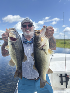 Double trouble with Largemouth Bass in Steinhatchee's partly cloudy skies!