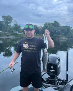 A fisherman catching a 12-inch rainbow trout in Kimberling City