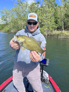 Hooked a scrappy smallmouth bass during a day of prime fishing conditions at Table Rock State Park!