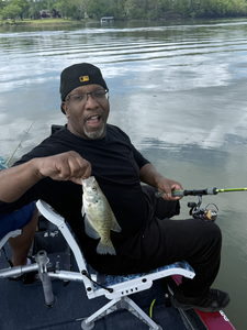 Reeling in a white crappie under clear skies - a great day on the water!