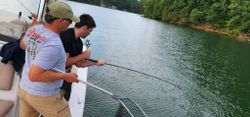 Fishing from boat with net ready on calm lake in Cumming GA