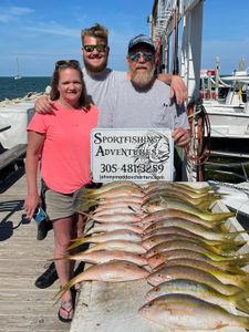Three anglers holding three large fish in Florida