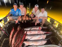 Successful fishing trip in Tulsa OK showing multiple caught fish including Shortnose Gar on boat deck