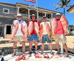 Four anglers displaying red snapper catch at Port Isabel TX fishing dock