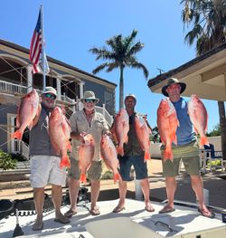 Four anglers displaying their catch of red snapper fish on a boat dock in Port Isabel TX