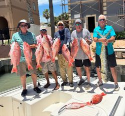 Successful red snapper and mahi mahi fishing trip in Port Isabel TX with multiple large fish displayed on boat deck