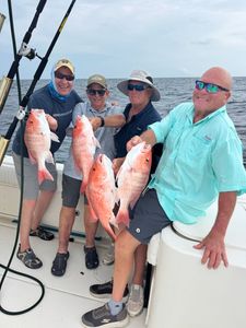 Four red snapper caught during fishing trip in Port Isabel TX displayed on boat deck