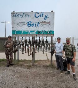 Fishing charter display showing multiple caught fish hanging from cleaning station in Rockport TX