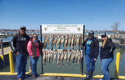 Four friends enjoying a day of fishing at the lakeside in Marblehead