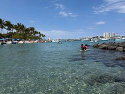 Crystal clear waters with snorkelers exploring near rocky coastline in Lake Park FL with palm trees and boats in background