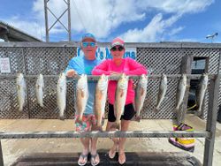 Successful fishing trip displaying redfish and speckled trout catch at marina in Corpus Christi TX