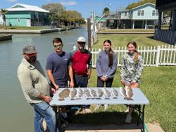 Five anglers displaying their catch of flatfish on a cleaning table near waterfront homes in Rockport TX