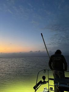 Fishing boat on calm waters at dawn in Matagorda TX with angler holding push pole
