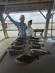 Three big black drum and summer flounder fish caught in Matagorda