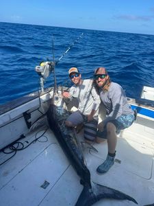 Two anglers with large swordfish catch on fishing boat in Big Pine Key FL waters