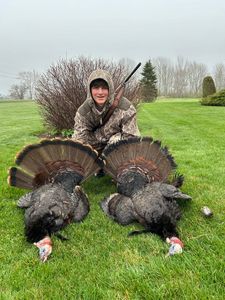 Double wild turkey harvest with camo hunter in open field