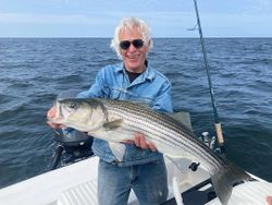 Image of a striped bass, a big 32-inch fish caught while fishing in Ipswich