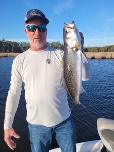 Spotted Weakfish, a 27-inch fish, caught by a person in Manns Harbor