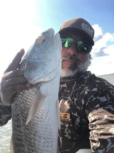 A fisherman holding a black drum fish in Port Lavaca