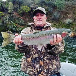 A single rainbow trout, 21 inches long, caught while fishing in Redding