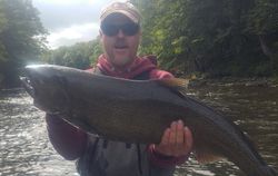 A single fisherman catching a big 31-inch fish in NY while fishing.