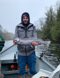 A person holding a large rainbow trout in Pulaski
