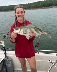 Anglers posing with a wiper (hybrid striped bass) in Mannford