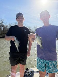 Two anglers displaying freshly caught white bass on a boat in Mannford OK