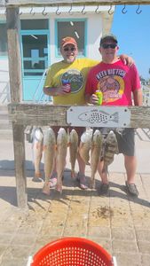 Successful fishing trip displaying redfish and black drum catch on cleaning station in Port Aransas TX
