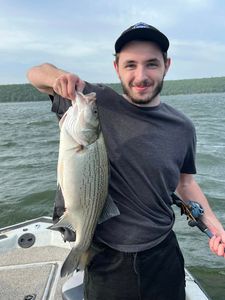 An angler holding a wiper (hybrid striped bass) fish in Sand Springs
