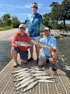 Successful speckled trout fishing trip in Gulf Shores AL with multiple fish displayed on dock