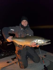 Photograph of a person fishing for a pink salmon in Lockport