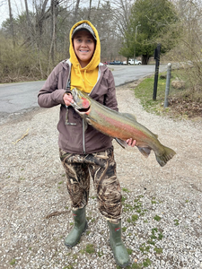 Angler catching a rainbow trout in MI