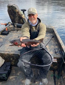 A fisherman holding a large rainbow trout in Branson
