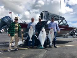 Four anglers displaying three large Pacific Halibut caught during fishing trip in Charleston, Oregon
