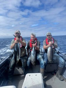 Three anglers displaying fresh caught bluefin tuna, albacore tuna, and yellowfin tuna on fishing boat off Charleston Oregon